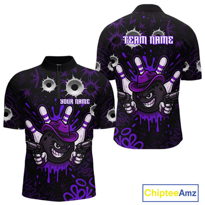 Funny Black and Purple Bowling Cowboy gun Men bowling polo, 1/4 zip shirts Custom bowling team jersey NQS10659