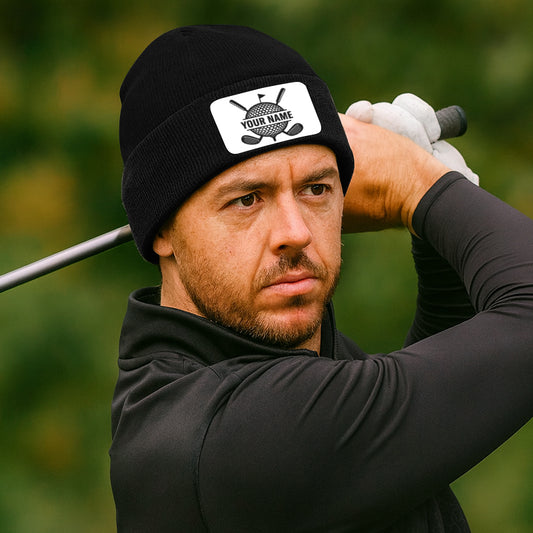 Personalized Golf Knit Beanie Hat, Custom Rectangle Patch Golf Beanie Hat, cool golf gifts NQS10887