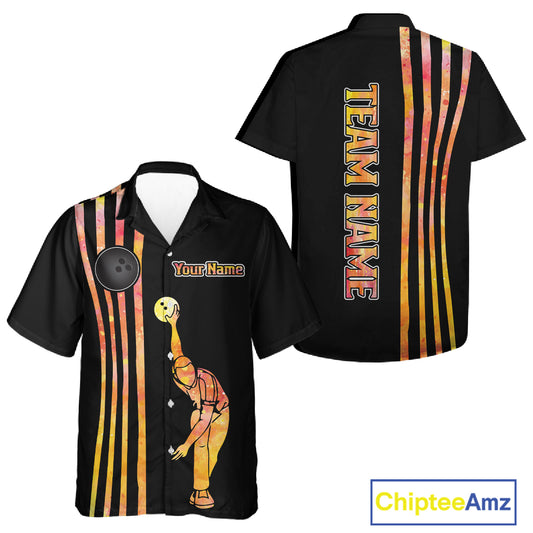 Personalized Watercolor Stripes Retro Bowling Team Hawaiian Shirts, Black Bowling Attire For Team NQS11652