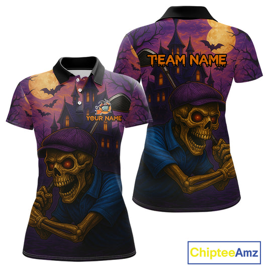 Funny Skull Halloween Golf Polo Shirts For Women Custom ladies golf top, Halloween Golf Gifts NQS10669
