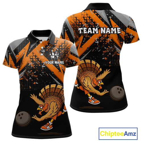 Custom Funny Turkey Bowling Jersey Black & Orange Thanksgiving Bowling Team Women Polo, 1/4 Zip Shirt NQS10671