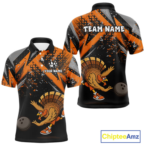 Custom Funny Turkey Bowling Jersey Black and Orange Thanksgiving Bowling Team Men Polo, 1/4 Zip Shirt NQS10671