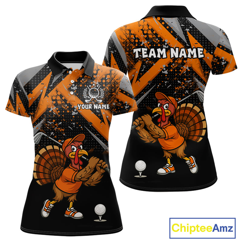Custom Funny Turkey Ladies Golf tops Black & Orange camo Thanksgiving Golf polo shirt for Women NQS10672