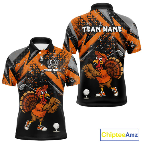 Custom Funny Turkey Mens Golf tops Black & Orange camo Thanksgiving Golf polo shirt for men NQS10672