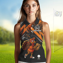 Load image into Gallery viewer, Custom Funny Turkey Ladies Golf top Black &amp; Orange camo Thanksgiving Women Sleeveless Golf polo shirt NQS10672