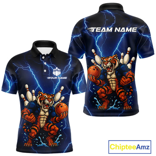 Personalized Tiger Bowling Team Shirts For Men, Blue Lightning Thunder Tiger Bowling Jerseys NQS11062