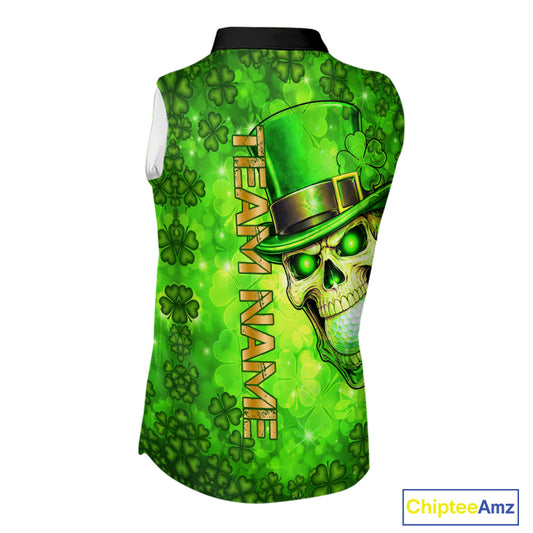 Funny Skull green shamrock pattern Sleeveless Golf Polo Shirt Custom St Patrick's Day ladies golf top NQS11662