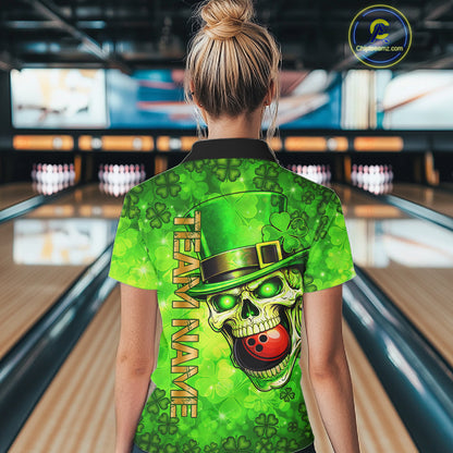 Funny Skull green shamrock pattern Bowling Shirt For Women Custom St Patrick Day team bowling jerseys NQS11663