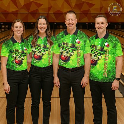 Funny Skull green shamrock pattern Bowling Shirt For Men Custom St Patrick's Day team bowling jerseys NQS11663