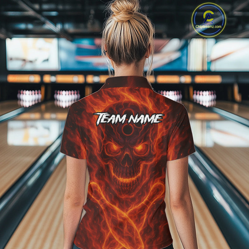 Custom Flame Skull Bowling Polo, Quarter Zip Shirt For Women, Skull Team Bowling League Jerseys NQS10676