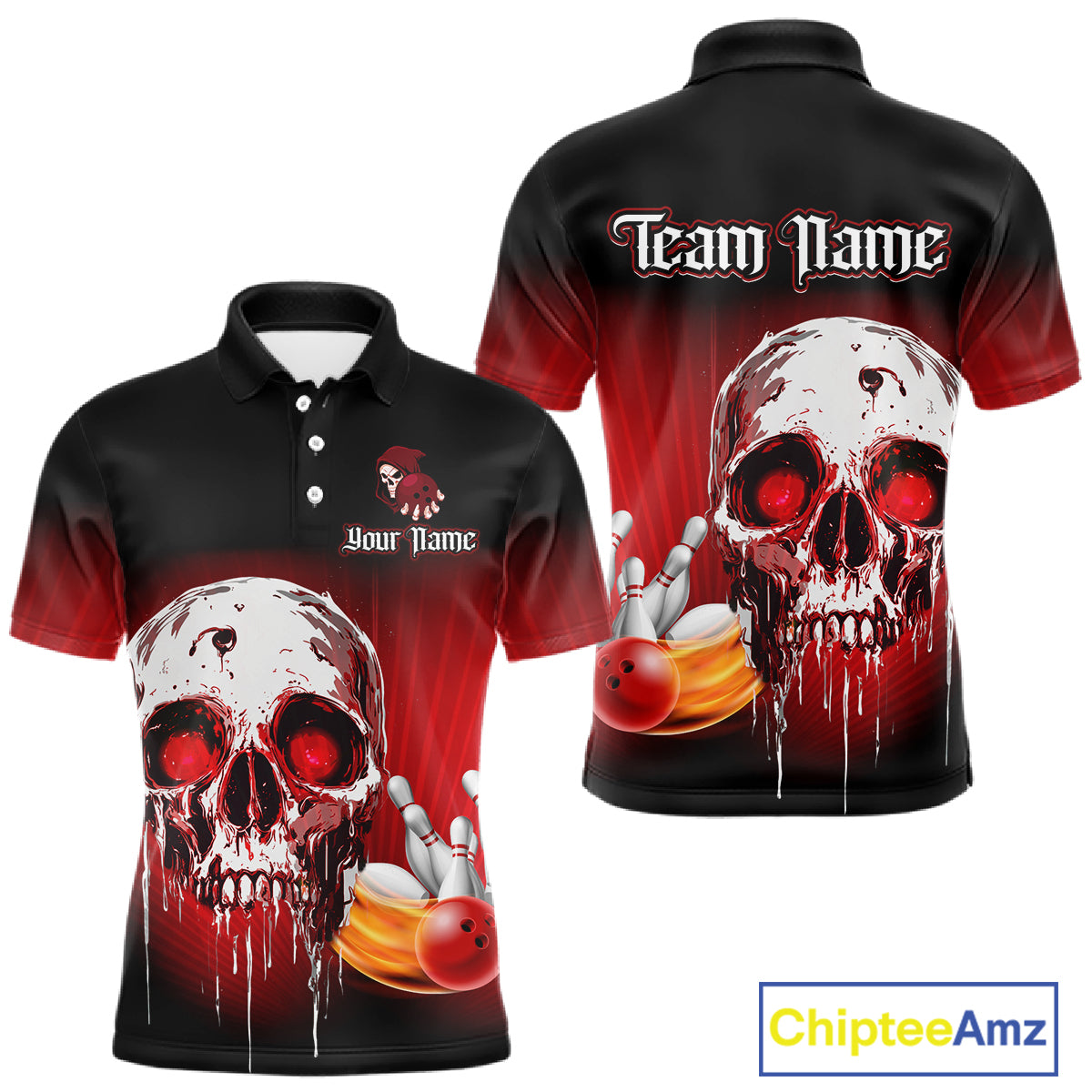 Black and Red Skull Bowling Polo, 1/4 zip shirts for Men Custom team bowling jerseys, Gift for bowler NQS11480