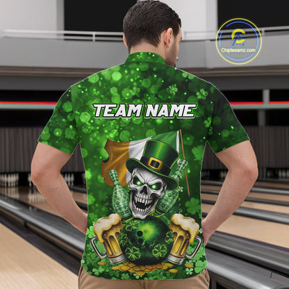 Custom Funny Skull Bowling and Beer Ireland Flag Green St Patrick Team Bowling Jerseys For Men NQS11484