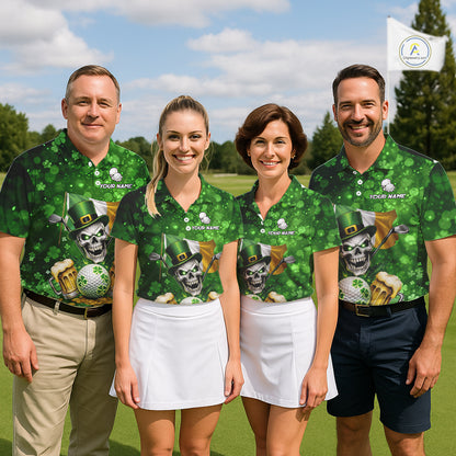 Custom Funny Skull Golf and Beer Ireland Flag Green St Patrick Team Golf Polo shirts for Women NQS11485