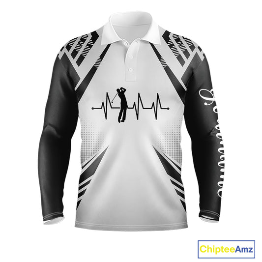 Black & White Golf Heartbeat American Flag Golf Polo Shirts for Men Custom Patriotic mens golf attire NQS11754