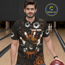 Load image into Gallery viewer, Funny Black and Orange Bowling Cowboy gun Men bowling polo, 1/4 zip shirts Custom bowling team jersey NQS10688