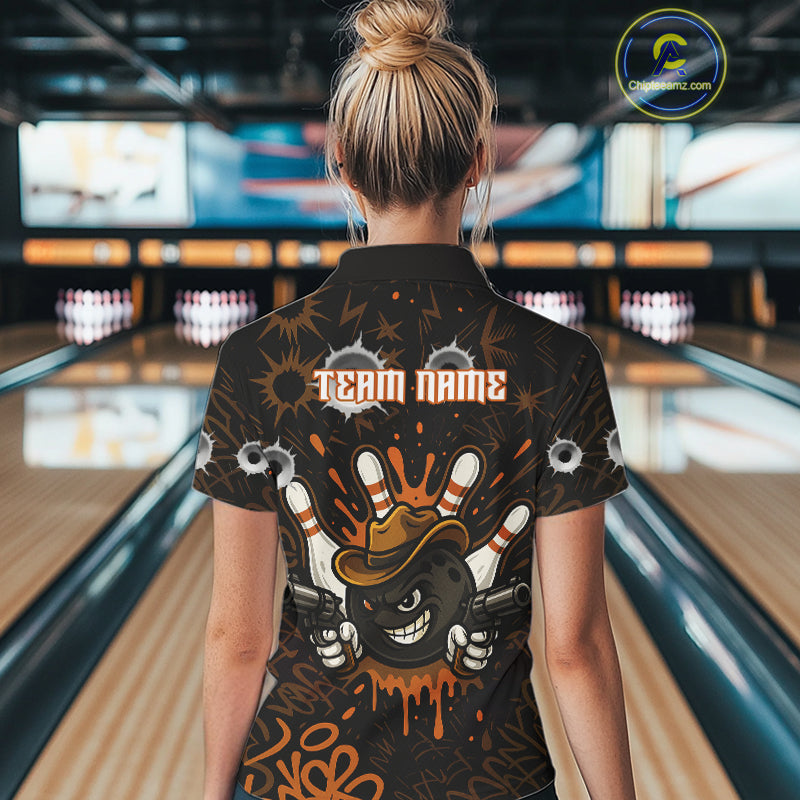 Funny Black & Orange Bowling Cowboy gun Women bowling polo, 1/4 zip shirt Custom bowling team jersey NQS10688