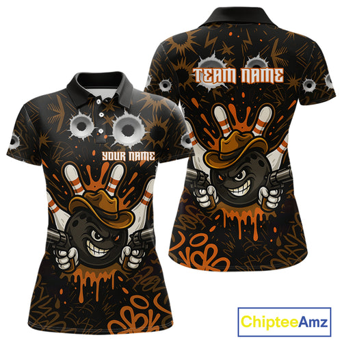 Funny Black & Orange Bowling Cowboy gun Women bowling polo, 1/4 zip shirt Custom bowling team jersey NQS10688