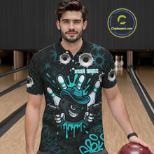Load image into Gallery viewer, Black and Cyan Blue Bowling Cowboy gun Men bowling polo, 1/4 zip shirts Custom bowling team jersey NQS10689