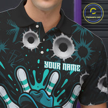 Load image into Gallery viewer, Black and Cyan Blue Bowling Cowboy gun Men bowling polo, 1/4 zip shirts Custom bowling team jersey NQS10689