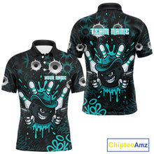 Load image into Gallery viewer, Black and Cyan Blue Bowling Cowboy gun Men bowling polo, 1/4 zip shirts Custom bowling team jersey NQS10689