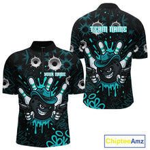 Load image into Gallery viewer, Black and Cyan Blue Bowling Cowboy gun Men bowling polo, 1/4 zip shirts Custom bowling team jersey NQS10689