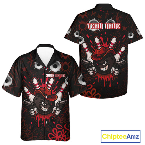 Funny Black and Red Bowling Cowboy gun Bowling Hawaiian Shirt Custom bowling team button up shirt NQS10690