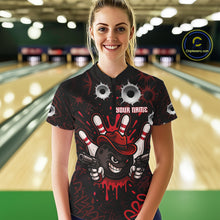 Load image into Gallery viewer, Funny Black and Red Bowling Cowboy gun Women bowling polo, 1/4 zip shirt Custom bowling team jersey NQS10690