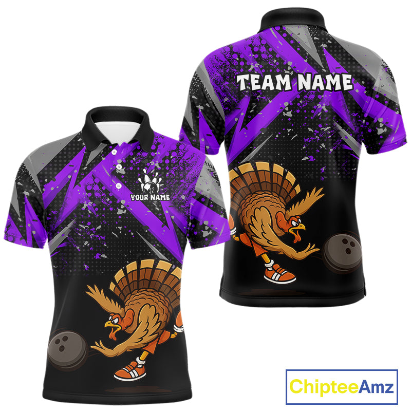 Custom Funny Turkey Bowling Jersey Black and Purple Thanksgiving Bowling Team Men Polo, 1/4 Zip Shirt NQS10901