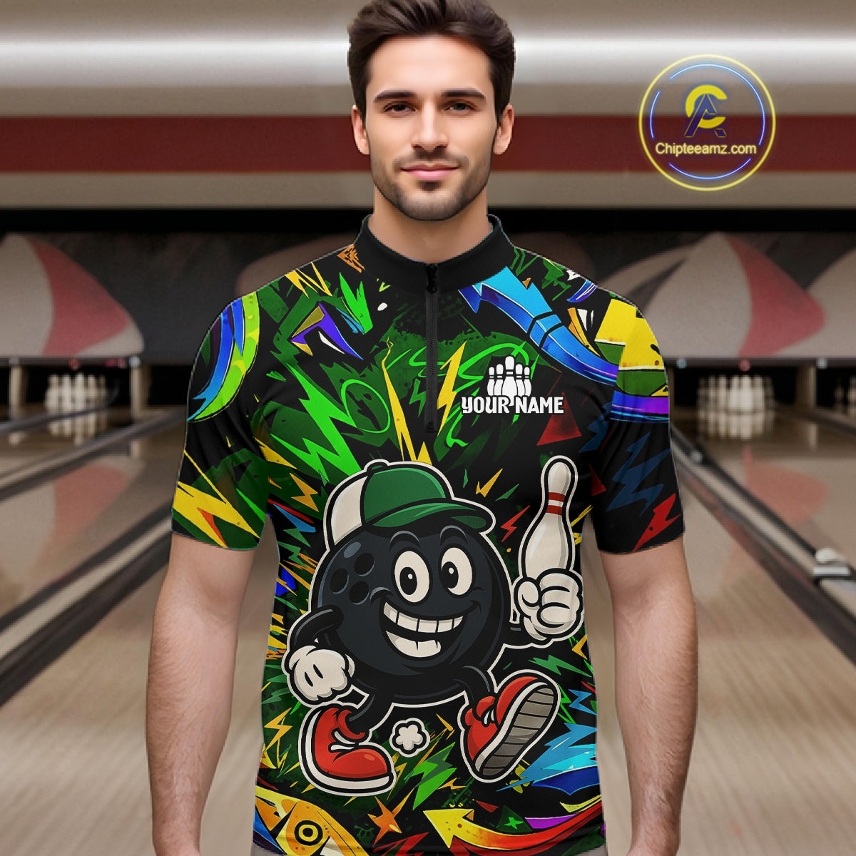 Green graffiti pattern Funny Bowling polo, quarter zip shirts for men custom Bowling team jerseys NQS11079