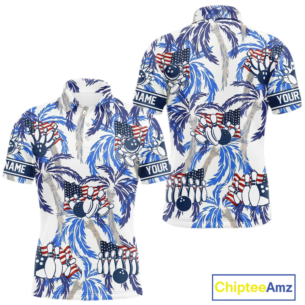 Blue Palm tropical pattern American Flag Bowling shirts For Men custom bowling team jerseys NQS11097
