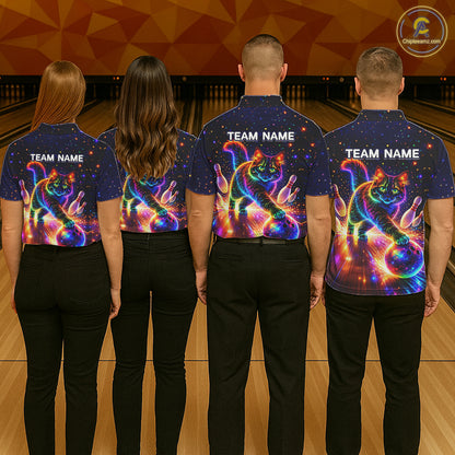 Personalized Bowling Shirts for Men Custom Cat Team Bowling Apparel, Colorful Neon bowling shirts NQS11517