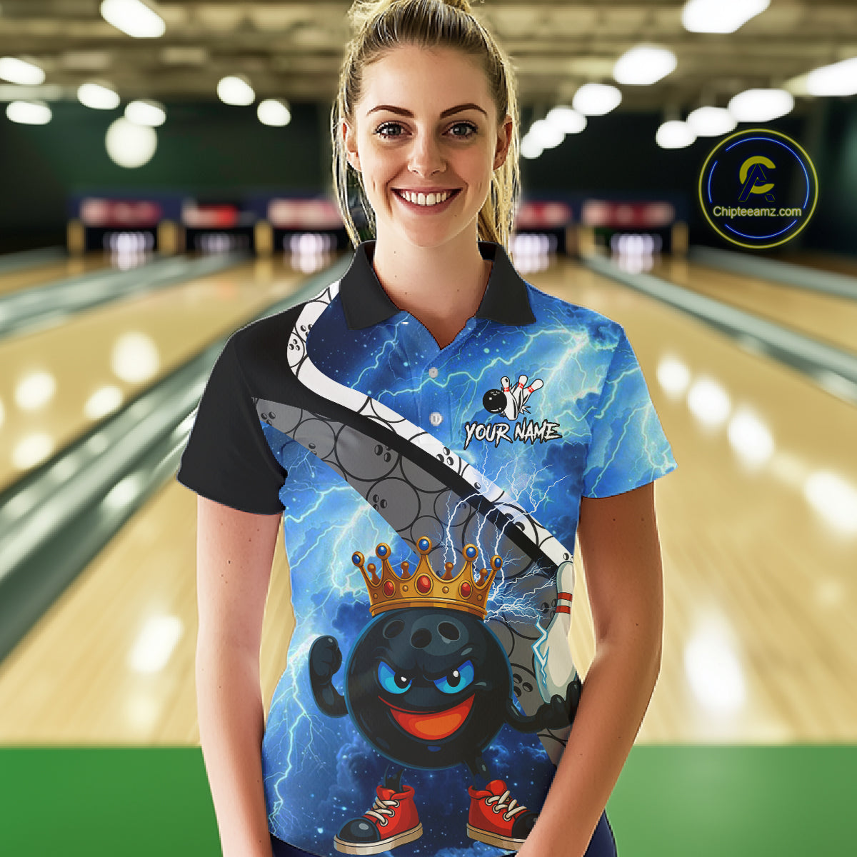 Funny King Crown Bowling Blue Lightning Thunder Bowling Shirts for Women Custom Bowling Team Jersey NQS10928