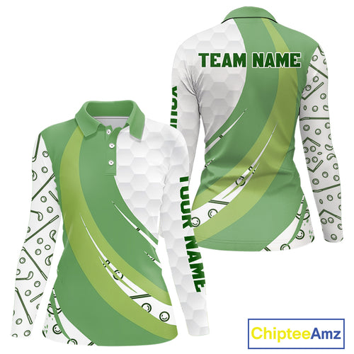White and Green Golf pattern polo golf shirt for Women Custom ladies's golf outfit, unique golf gifts NQS11107