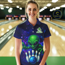 Load image into Gallery viewer, Funny Galaxy Alien Bowling Polo, 1/4 Zip Shirt For Women Custom Bowling Team Outfit, Gift For Bowler NQS10729