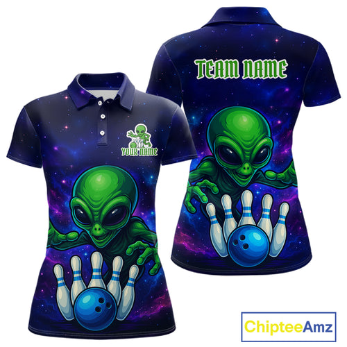 Funny Galaxy Alien Bowling Polo, 1/4 Zip Shirt For Women Custom Bowling Team Outfit, Gift For Bowler NQS10729