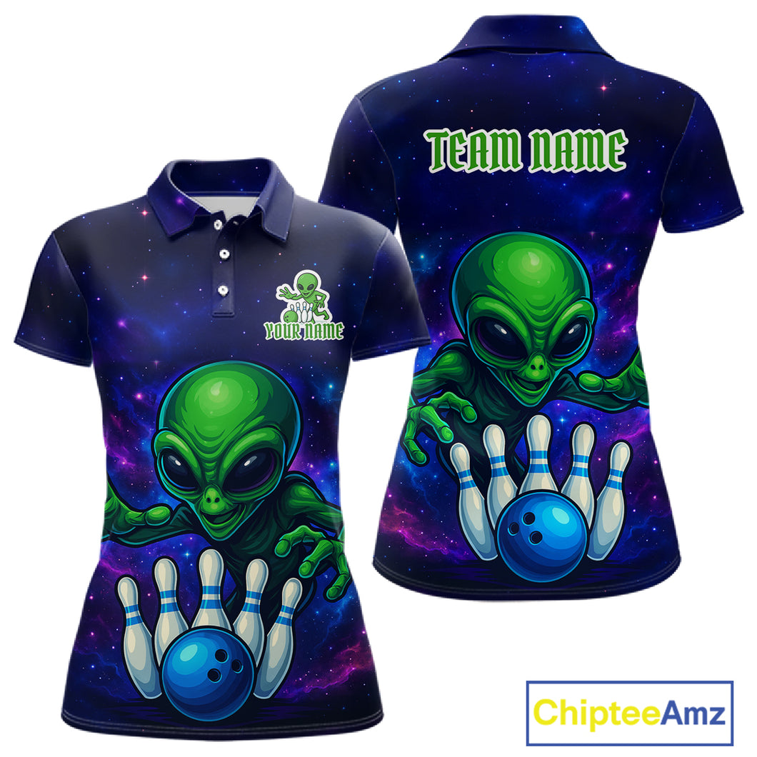 Funny Galaxy Alien Bowling Polo, 1/4 Zip Shirt For Women Custom Bowling Team Outfit, Gift For Bowler NQS10729