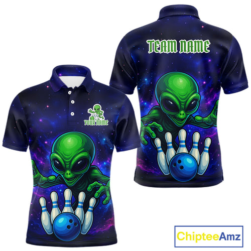 Funny Galaxy Alien Bowling Polo, 1/4 Zip Shirt For Men Custom Bowling Team Outfit, Gift For Bowler NQS10729