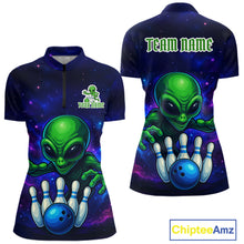 Load image into Gallery viewer, Funny Galaxy Alien Bowling Polo, 1/4 Zip Shirt For Women Custom Bowling Team Outfit, Gift For Bowler NQS10729