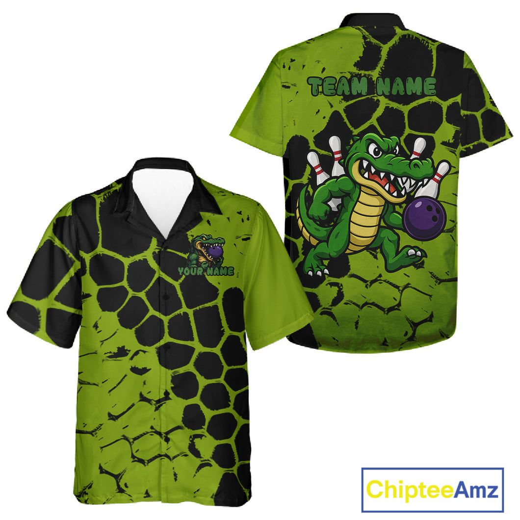 Black and Green Funny Alligator Bowling Hawaiian Shirt, Alligator Bowling Team Jersey NQS10739