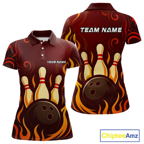 Red Flame Tribal Bowling Polo, Quarter Zip Shirts for Women Custom Team Bowling League Jerseys NQS10747