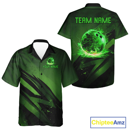 Custom Black and Green Flame Hawaiian Bowling Jersey, Team Bowling Button up shirt NQS11130