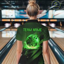 Load image into Gallery viewer, Custom Black and Green Flame Womens Bowling Shirts, Bowling Polo, 1/4 Zip Team Jerseys NQS11130