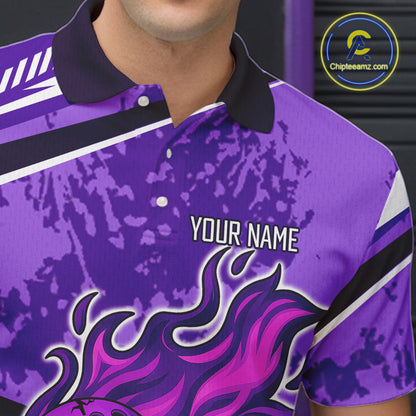 Purple Camo Flame Bowling Shirts For Men Custom Bowling Team Jerseys NQS10754
