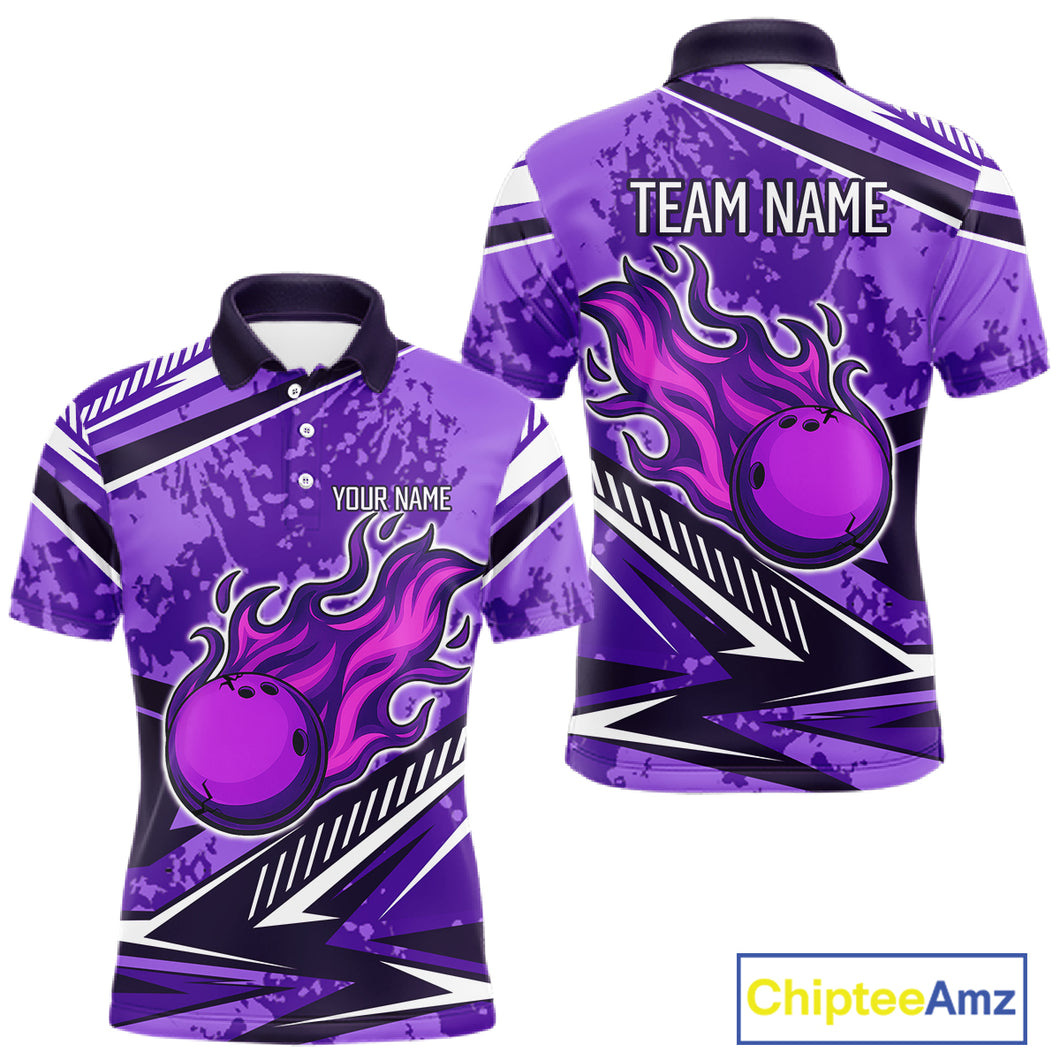 Purple Camo Flame Bowling Shirts For Men Custom Bowling Team Jerseys NQS10754