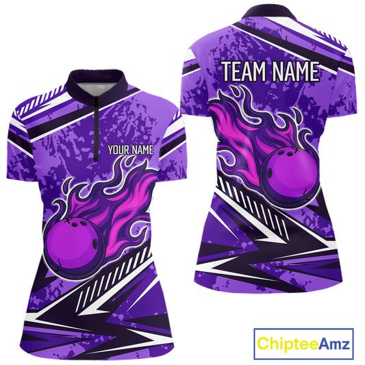 Purple Camo Flame Bowling Shirts For Women Custom Bowling Team Jerseys NQS10754