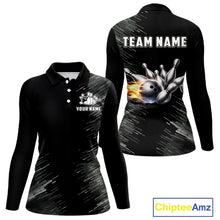 Load image into Gallery viewer, Black and silver Flame Bowling Shirts For Women Custom Team Bowling jerseys, Gift For Bowlers NQS11341