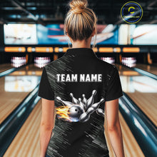 Load image into Gallery viewer, Black and silver Flame Bowling Shirts For Women Custom Team Bowling jerseys, Gift For Bowlers NQS11341