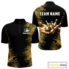 Load image into Gallery viewer, Black and Gold Flame Bowling Shirts For Men Custom Team Bowling jerseys, Gift For Bowlers NQS11342