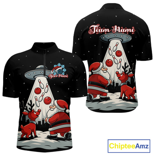 Funny Santa UFO Alien Black Bowling Polo, 1/4 Zip Shirts For Men Custom Christmas Team Bowling Jersey NQS10766