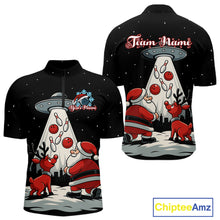 Load image into Gallery viewer, Funny Santa UFO Alien Black Bowling Polo, 1/4 Zip Shirts For Men Custom Christmas Team Bowling Jersey NQS10766